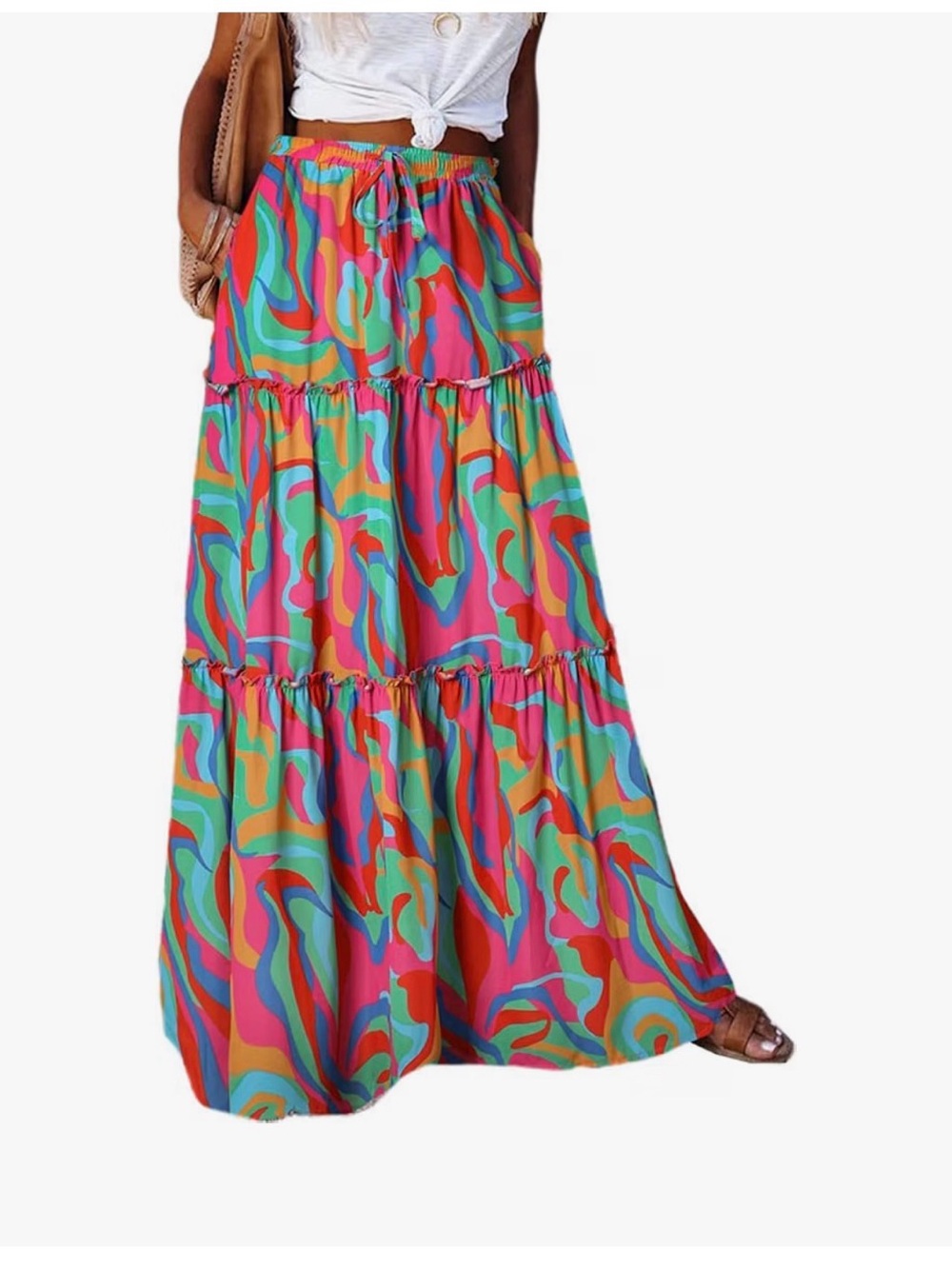 Colorful Abstract Print Tiered Maxi Skirt - Pink & Green